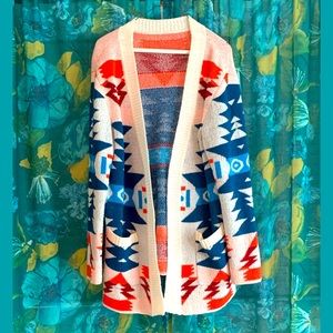 Open-Front Cardigan with Tribal Pattern & Pockets